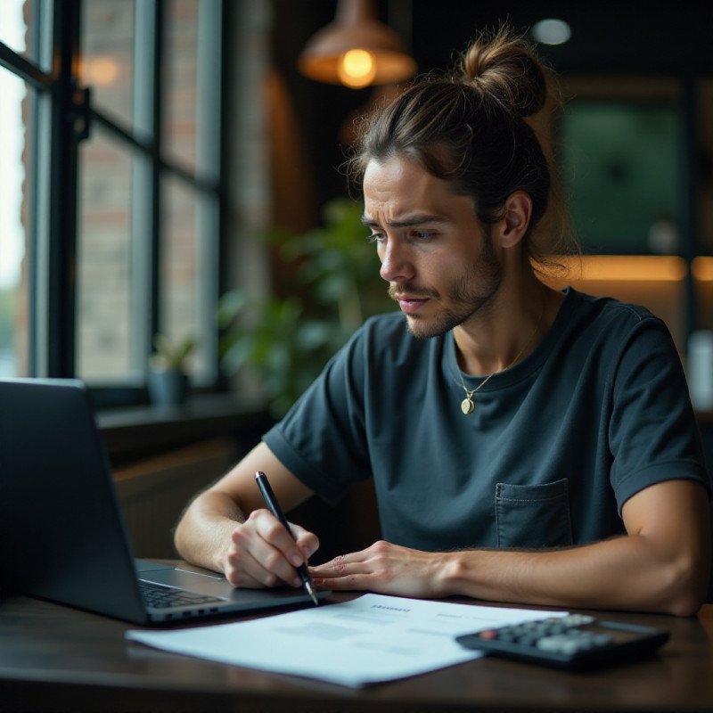 Person checking a credit report at a desk with a laptop and notes.