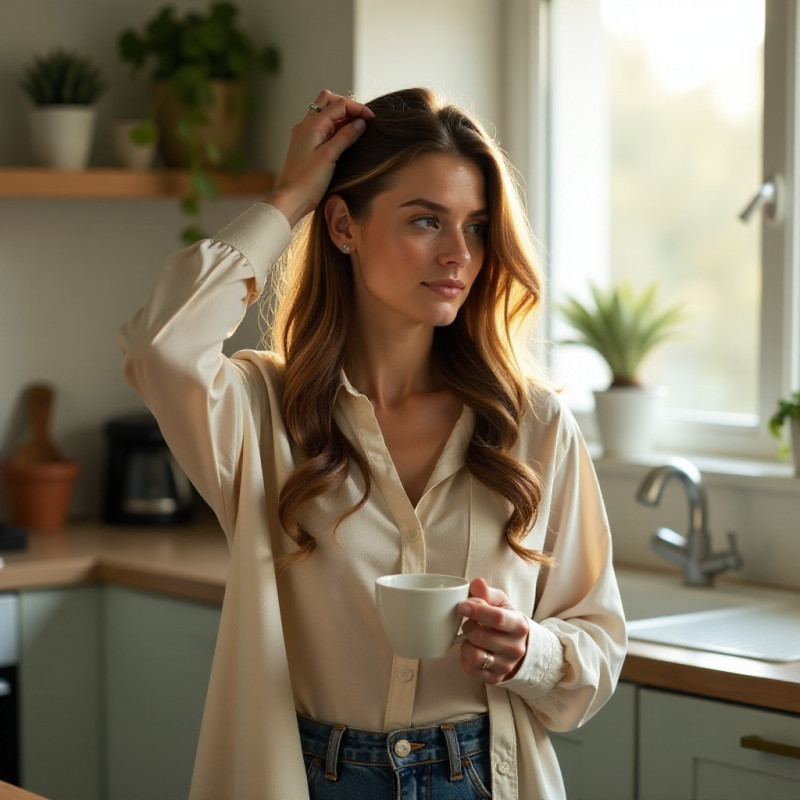 Busy woman styling her hair in the morning.