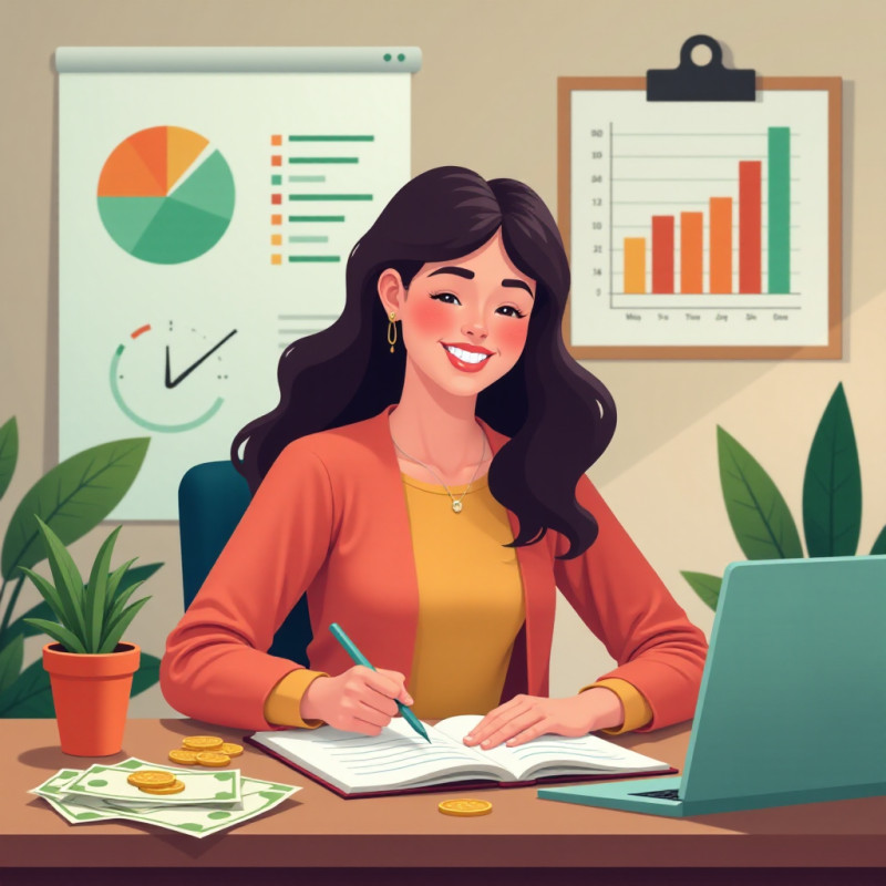 A colorful illustration of a person budgeting at a table with bills and a calculator.